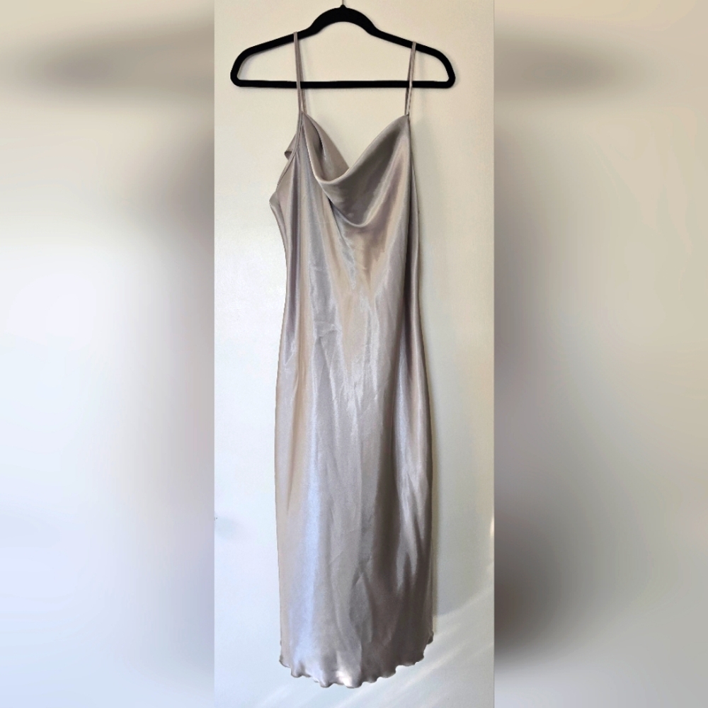 bebe silver silky slip dress in size Large